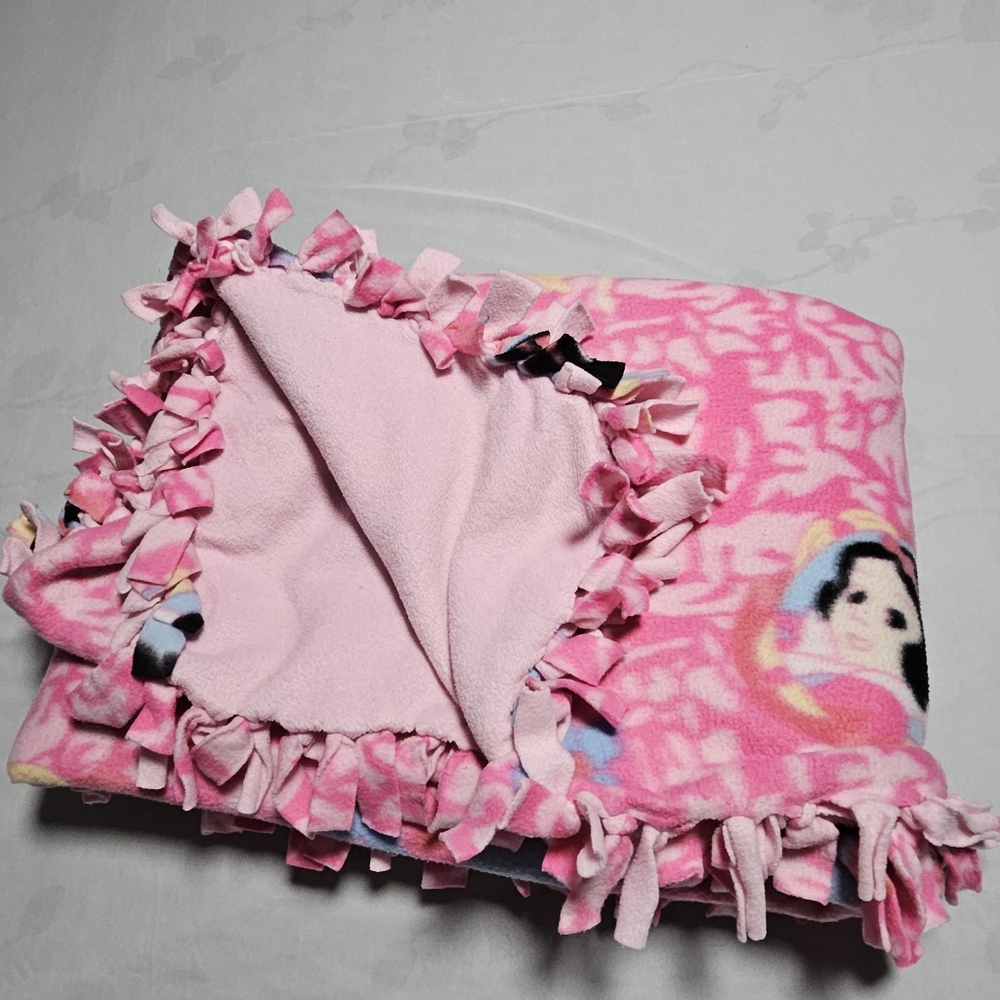 homemade hand tied pink Snow White baby throw blanket  approx. 52" by 60"
